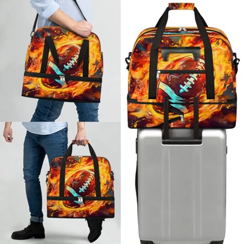 Travel Duffel Bag Football Fire Weekender Bag with Shoe Compartment Foldable Overnight Bags for Travel Sports Lightweight Gym Bags for Men Women - color: Football Fire