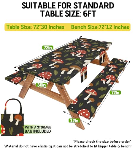 Picnic Table Cover with Bench Covers Elastic Tablecloth Camping Essentials Table Cloth Outdoor Glamping Cool Unique Fun Ideas Birthday Camping Gifts for Mother Mama Mommy Mom from Daughter Son Black - color: Black mushrooms, size: 72in