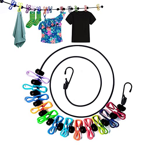 1 Pack Portable Clothesline with 12 Clothespins, Windproof Travel Clothesline Stretchy Retractable Elastic Laundry Clothes Line for Backyard, Vacation Hotel, Balcony Clothes Drying Line (Color) - size: 1P - Color