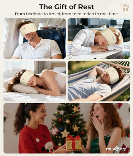MUSICOZY Bluetooth 5.4 Sleep Headphones Eye Mask with Seaweed Fiber Cotton, Ultra Soft Fully Wrapped Sleep Mask with Headphones for Side Sleepers, 14 Hours Playtime, Gifts for Men Women, Beige - color: Beige