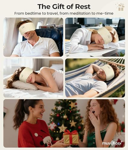 MUSICOZY Bluetooth 5.4 Sleep Headphones Eye Mask with Seaweed Fiber Cotton, Ultra Soft Fully Wrapped Sleep Mask with Headphones for Side Sleepers, 14 Hours Playtime, Gifts for Men Women, Beige - color: Beige
