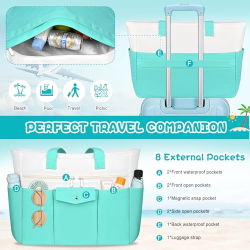 Beach Bags for Women Large Canvas Beach Tote with Zipper Wet Pocket, Waterproof Foldable Swim Pool Travel Tote Bags - color: Lake Green