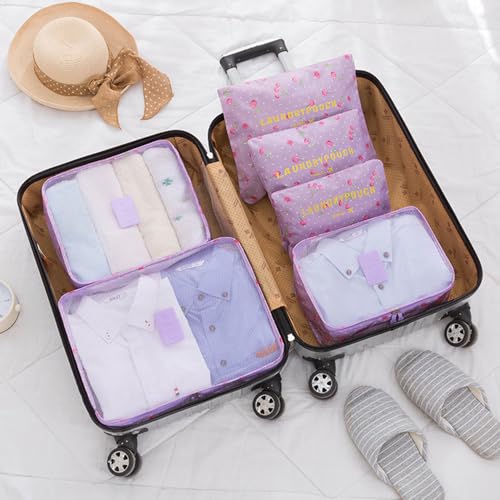 Travel Packing Cubes Lightweight, 6 Set Luggage Organizers for Suitcase, Travel Accessories Bags for Clothes Shoes Cosmetics Electronics Toiletries (Purple Cherry) - color: Purple Cherry