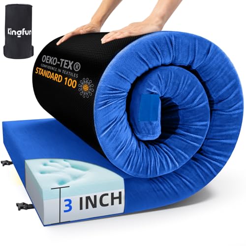 Kingfun 3 Inch CertiPUR-US Memory Foam Camping Mattress Pad, Waterproof Roll up Sleeping Pad, Thick Floor Sleeping Mats for Tent with Removable Travel Bag - color: Blue, size: Cot 75" X 25" X 3 inch