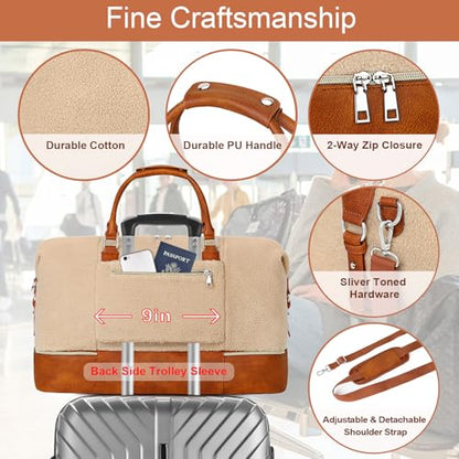ITIEZY Weekender Overnight Bag for Women - Large Travel Duffel Bag with Shoe Compartment, Gym Duffel Bag Hospital Bag Carry On Tote Bags for Airplanes with Crossbody Bag Toiletry Bag 3Pcs Set - color: 8a-Off White