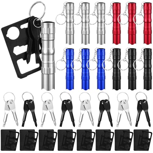 Glooglitter 48 Pcs Men Small Gifts Bulk Mini Screwdriver Flashlight Keychain Set Multitool Credit Card Survival Tool Employee Coworkers Fathers Gifts for Men Dad Husband, No Batteries Included