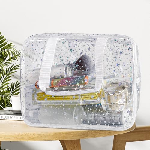 Holographic Star Transparent PVC Cosmetic Bag Clear Makeup Toiletry Carry Pouch Clear Travel Pouch Storage Bag for Vacation Bathroom and Organizing - color: Transparent