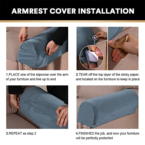 PrinceDeco 2 Pack Thick Velvet Stretch Armrest Covers for Chairs and Sofas - Non Slip, Stone Blue - color: Stone Blue