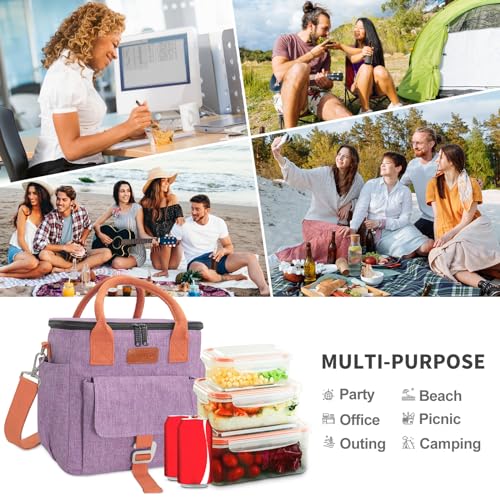 Joymee Lunch Bag Women Large Insulated Reusable Leakproof - Purple | Large Spacious, Cooler Lunch Bag, Adjustable Shoulder Strap, With Side Pocket, Bottle Holder, for Office Work Picnic Travel - color: Purple