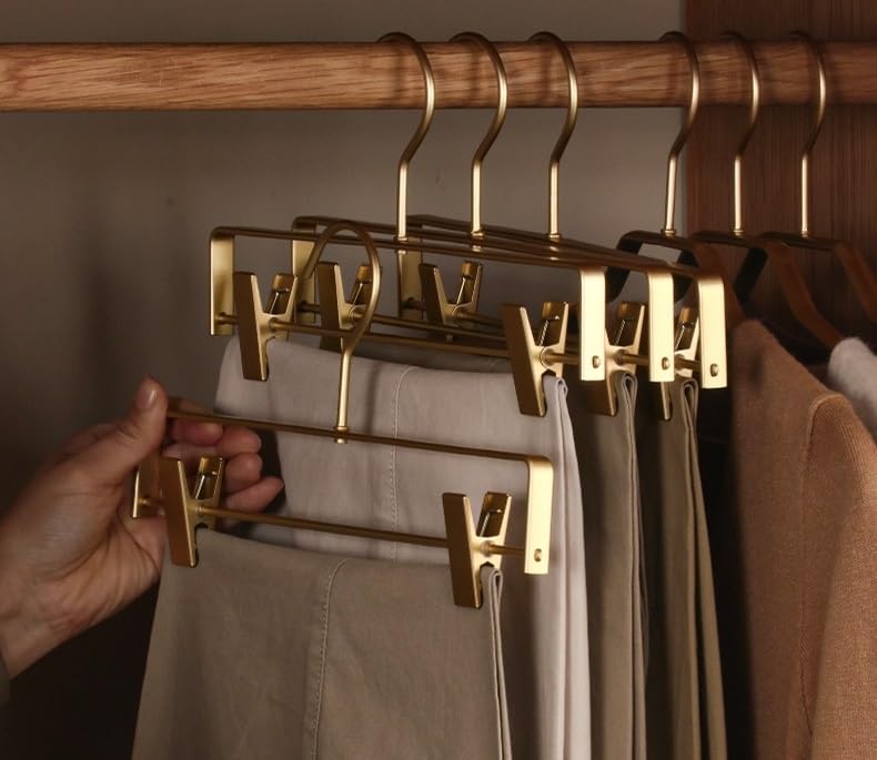 Premium Matte Gold Aluminum Pants Clip Hanger 100 Pack, Extra Smooth & Durable Metal Shirt Dress Aluminum Alloy Hanger,Clothing Support,Clothing Hang - style: Golden Pants Clip Hanger（100）