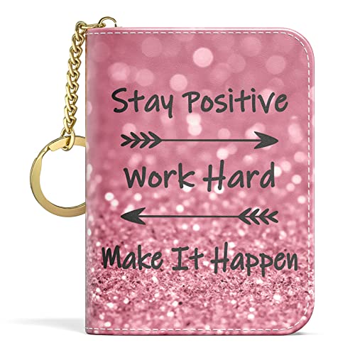 Aiawoxc Credit Card Holder for Women, Small RFID Wallet Slim Leather Card Organizer Case with Zipper and Keychain, Work Hard - color: B-Work Hard, size: Keychain