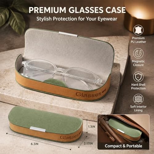 Glasses Case hard shell,3-in-1 Sunglasses Case & Eyeglass Case with Cleaning Cloth & Storage Pouch - color: Sage Green