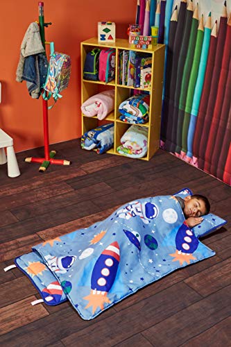 EVERYDAY KIDS Nap Mat w/Removable Pillow -Outer Space Adventures- Carry Handle with Straps Closure, Rollup Design, Soft Microfiber for Preschool, Daycare, Travel Sleeping Bag - Ages 3-6 Years - color: Outer Space Adventures