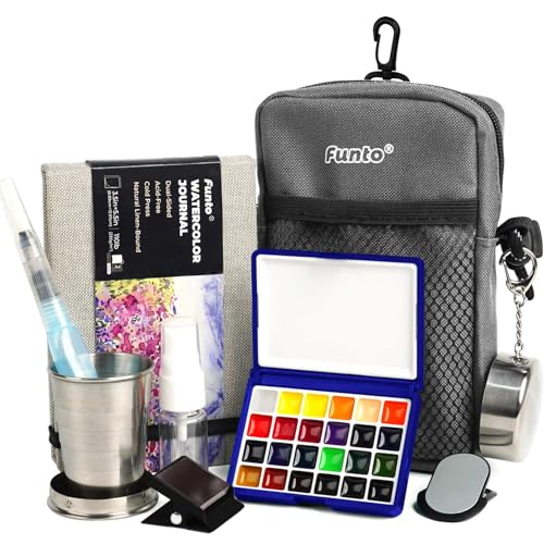 Funto Mini Watercolor Paint Set, All-in-One 24-Color Travel Paint Kit, with Crossbody Bag, Watercolor Journal, Paint Water Cup, Pocket Set for Artists - color: 24-Color Blue Set, style: Sporty Box