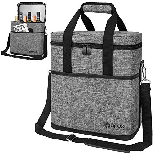 opux 6 Bottle Carrier Tote | Insulated Padded Wine Cooler Bag for Travel. Picnic, BYOB | Portable Leakproof Wine Tote Bag for Dinner, Party, Christmas, Wine Gift for Women, Men (Heather Gray) - color: Heather Gray, size: 6 Bottle