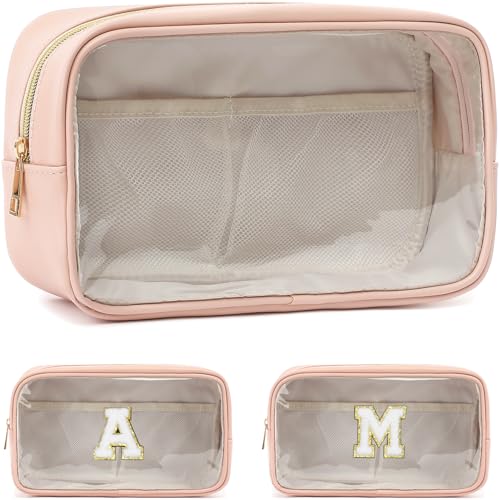 Fammart Clear Makeup Bag with 2 Customizable Chenille Letters - Waterproof PU Leather Cosmetic Case, Large Personalized Toiletry Pouch for Women & Teens, Ideal for Travel & Gift - color: Clear, Large - Pink