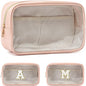 Fammart Clear Makeup Bag with 2 Customizable Chenille Letters - Waterproof PU Leather Cosmetic Case, Large Personalized Toiletry Pouch for Women & Teens, Ideal for Travel & Gift - color: Clear, Large - Pink