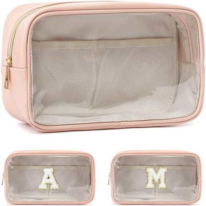 Fammart Clear Makeup Bag with 2 Customizable Chenille Letters - Waterproof PU Leather Cosmetic Case, Large Personalized Toiletry Pouch for Women & Teens, Ideal for Travel & Gift - color: Clear, Large - Pink