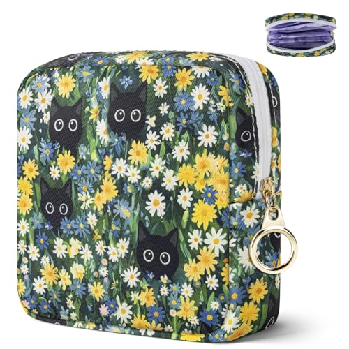 Likesing Tampon Holder for Purse, Canvas Period Bag Sanitary Napkin Storage Bag for Girls Womens, Portable Feminine Emergency Pad Period Pouch(Daisy Black Cat) - color: Daisy Black Cat