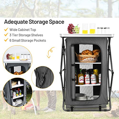 Giantex Folding Camping Storage Cabinet with 3 Shelves and Carry Bag, Portable Outdoor Organizer Kitchen Table, Quick Set-up for BBQ, Picnic, Backyard, Compact Pop-Up Cupboard, 35''H - size: 35''H