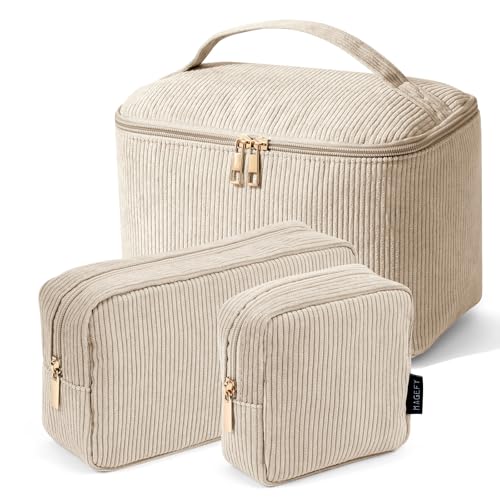 MAGEFY Small Makeup Bag for Purse Mini Cosmetics Bag Corduroy Cute Cosmetic Pouch for Women with Slip-in Pockets - color: Beige-3pcs
