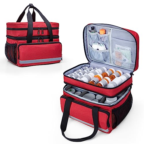 CURMIO Double Layers Pill Bottle Organizer Bag Empty, Medicine Organizer Storage Case with Lockable Zippers, Medication Travel Bag for Prescription Bottles, Medical Supplies, Red (Patent Design) - color: Red