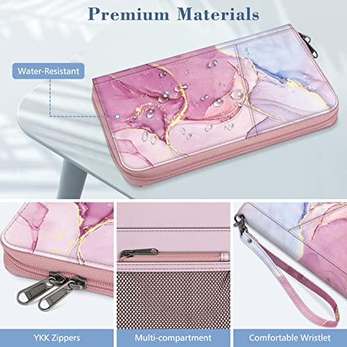 Fintie Family Passport Holder Wallet, RFID Blocking Travel Document Organizer Clutch Bag Credit Cards Case Cover for Women Men - color: Marble Pink