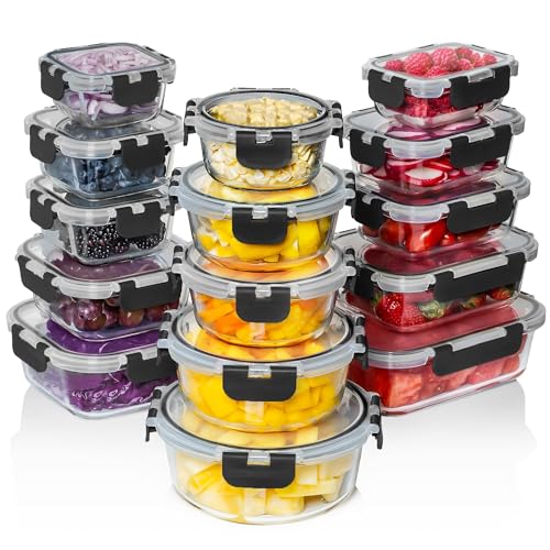 Razab 30 PC Glass Food Storage Containers with Lids - Reusable Glass Meal Prep Containers for Lunch and Leftovers - Airtight & Leakproof Snap Locking Lids - Oven, Freezer, Microwave, Dishwasher Safe - color: Black