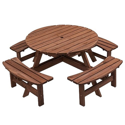 Round 8 Person Wooden Picnic Table Sets Outdoor Camping Dining Table with Seat Garden DIY w/ 4 Built-in Benches 2220lb Capacity - Brown - color: Brown-8-round