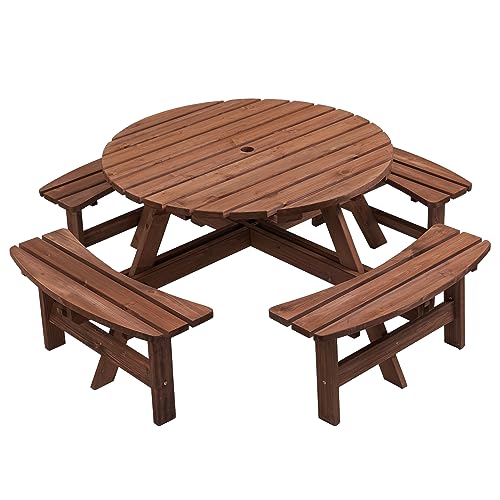 Round 8 Person Wooden Picnic Table Sets Outdoor Camping Dining Table with Seat Garden DIY w/ 4 Built-in Benches 2220lb Capacity - Brown - color: Brown-8-round