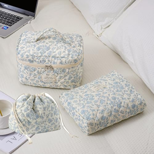 3pcs Large Cotton Quilted Makeup Bag Set,Coquette Aesthetic Cute Travel Toiletry Bag,Drawstring Gift Bag for Women and Girls(3Pcs Light Blue) - color: 3Pcs Light Blue