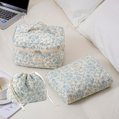 3pcs Large Cotton Quilted Makeup Bag Set,Coquette Aesthetic Cute Travel Toiletry Bag,Drawstring Gift Bag for Women and Girls(3Pcs Light Blue) - color: 3Pcs Light Blue