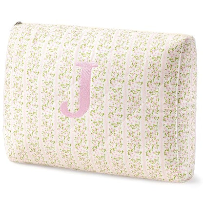 HBselect Initial Quilted Makeup Bag, Pink Cosmetic Travel Toiletry Bag, Flowers Coquette Zipper Make Up Pouch Organizer Teen Girl Gift Trendy Stuff J - color: 1Pc Medium Pinkflower, style: J