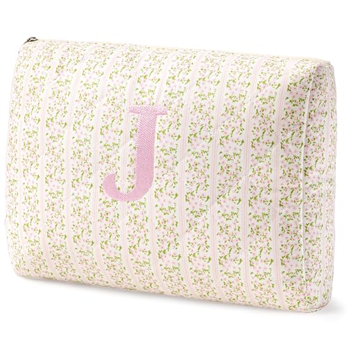HBselect Initial Quilted Makeup Bag, Pink Cosmetic Travel Toiletry Bag, Flowers Coquette Zipper Make Up Pouch Organizer Teen Girl Gift Trendy Stuff J - color: 1Pc Medium Pinkflower, style: J