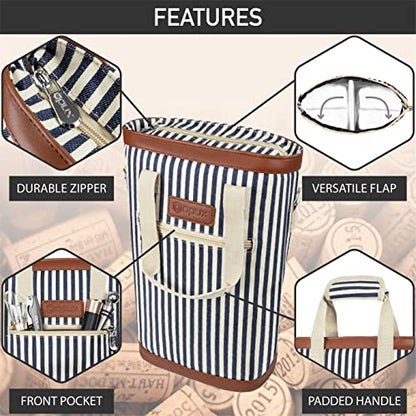opux Two Bottle Wine Bag Carrier Tote, Insulated Leakproof 2 Bottle Wine Cooler Bag for Travel BYOB Picnic, Portable Wine Case, Gift for Men Women Wine Lover Birthday Party Christmas, Navy Stripes - color: Navy Stripes