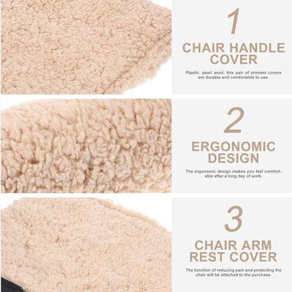 Unomor Plush Sherpa Armrest Covers Thickened Warm Chair Arm Pads with Soft Sheepskin Cushion for Office Gaming Home and Airplane Chairs Pressure-Relief Elbow Support Non-Slip Beige