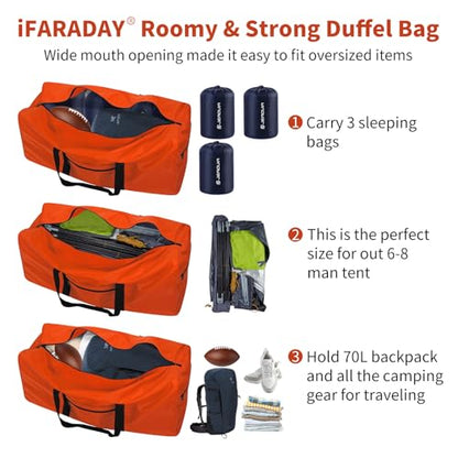 iFARADAY Foldable Duffle Bag for Travel - 75L Large Spare Travel Duffel Bag Lightweight with Trolley Sleeve - Orange - color: Orange-75L(with trolley sleeve)