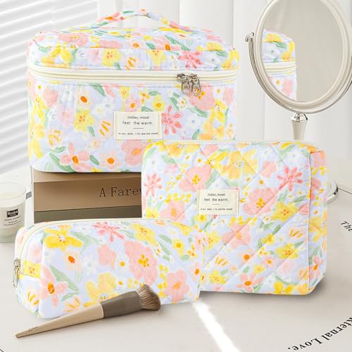 GISMTR 3Pcs Makeup Bag Cotton Quilted Travel Cosmetic Bag Cute Floral Makeup Pouch Large Toiletry Bag for Women Girls - color: Oil painting flowers