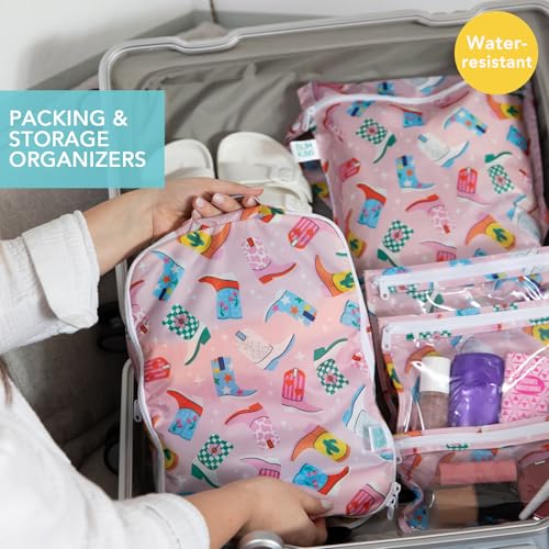Bumkins Packing Cubes and TSA Approved Pouches for Travel Bag, Organize Luggage with Compression Bags, Essential Traveling Accessories to Pack Clothes, Toiletries Carry On Suitcase, 5-pc Cowgirl Boots - color: A6 Cowgirl Boots-set
