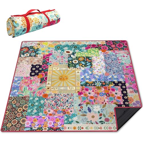 Supfitness Extra Large Picnic Blankets Waterproof Foldable (80 "x 80") Beach Blanket Waterproof Sandproof,3-Layer Thicking Mat Outdoor Packable Camping Blanket(Bohemian) - color: Flower, size: 80x80in
