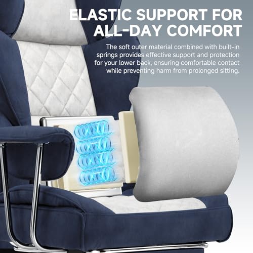 GTPLAYER Gaming Chair,Office Chair with Pocket Spring Lumbar Support, Ergonomic Comfortable Wide Office Desk Computer Chair with Outward Fixed Soft Armrests and Footrest (Fabric, Dark Blue & White) - color: Dark Blue White