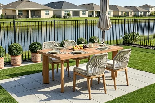 PURPLE LEAF 5 Pieces Patio Dining Set Aluminum Modern Rectangular Table and Wicker Chairs with Cushions for Kitchen Porch Garden Outdoor Furniture Sets, Teak - color: Teak, size: 5 PCS, style: Rectangular