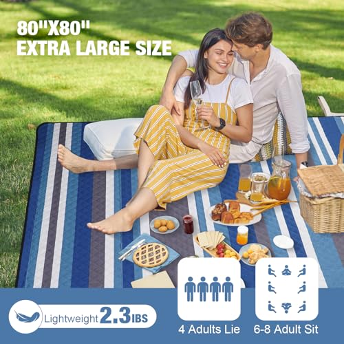 Picnic Blankets Outdoor Extra Large - 80"x80" Waterproof Beach Blanket, Machine Washable 3-Layer Foldable Park Mat with Sandproof Backing for Grass, Hiking, Travel, Concerts, Indoor (BlueStrip) - color: Blue
