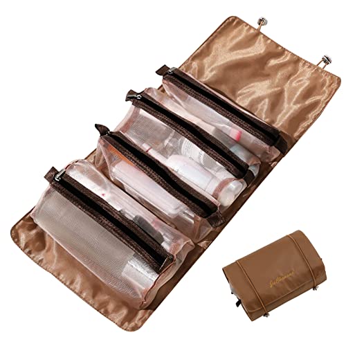 LumiSyne 4 In 1 Detachable Toiletry Bag Hanging Roll-Up Makeup Bag Large Capacity Travel Wash Bag Mesh Cosmetic Bag Portable Foldable Toiletry Bag Waterproof Cosmetic Organizer Bag For Travel Daily - color: Khaki
