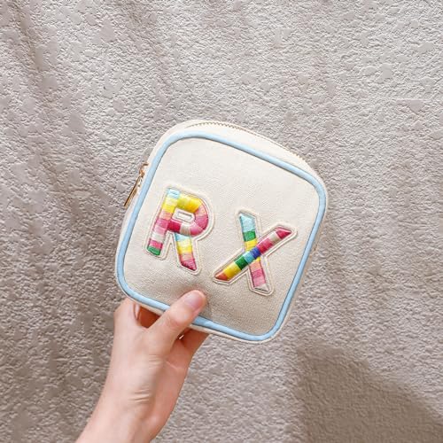 Small Canvas Rx Medicine Packages, Cute Chenille Letter Patch Drug Makeup Bag with Metal Zipper, Mini Travel First Aid Purse Organizer Machine Washable (03Blue-Rainbow) - color: 03Blue-Rainbow