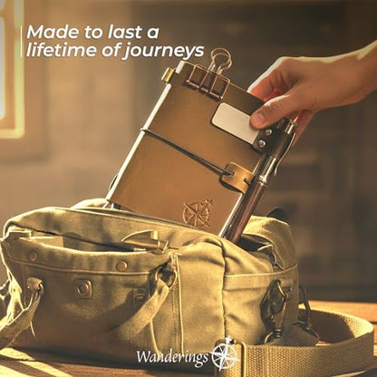WANDERINGS Pocket Size Travelers Notebook Bundle – 4" x 5.1" (10 x 13cm) – Genuine Leather Journal with Pen Holder, Pen, 2 Ink Refills, PVC Folder & Binder Clip - size: Pocket