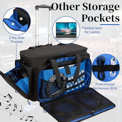 Rolling Dj Cable Bag with Laptop and Microphone Pocket, Dj Bag for Equipment and Music Accessories with Detachable Dividers, Bottom Pad, Dj Gig Bags for Musicians, Professional, Travel, Blue - color: Blue, style: Rolling Dj Cable Bag