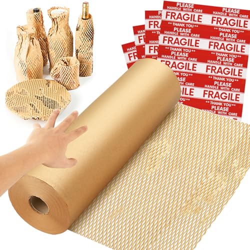 Honeycomb Packing Paper Wrap 15''x328', Substitute Alternative for Bubble Cushioning Wrap for Moving Shipping Packaging, Recyclable Moving Supplies with 48 Fragile Sticker Labels - size: 15''x328'