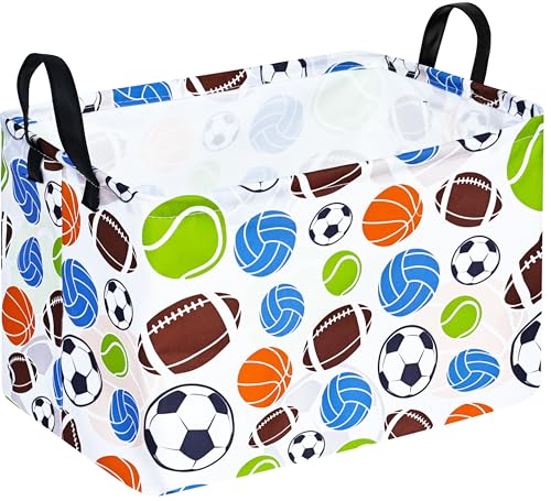 Football Storage Basket Empty, Waterproof Football Storage Bins Organizer, Foldable Closet Shelf Baskets with Handles for Home Office Dorm Closet Shelf - color: Colorful Balls