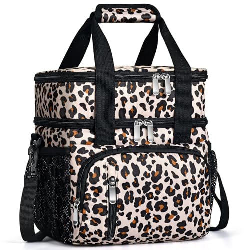 Insulated Lunch Bag for Women, Double Leakproof Lunch Box Soft Cooler Tote with 5 Pockets, 600D Oxford, EVA Lining, Adjustable Strap for Work, Picnic, Beach&Travel-Leopard Print - color: Leopard Print, size: Double